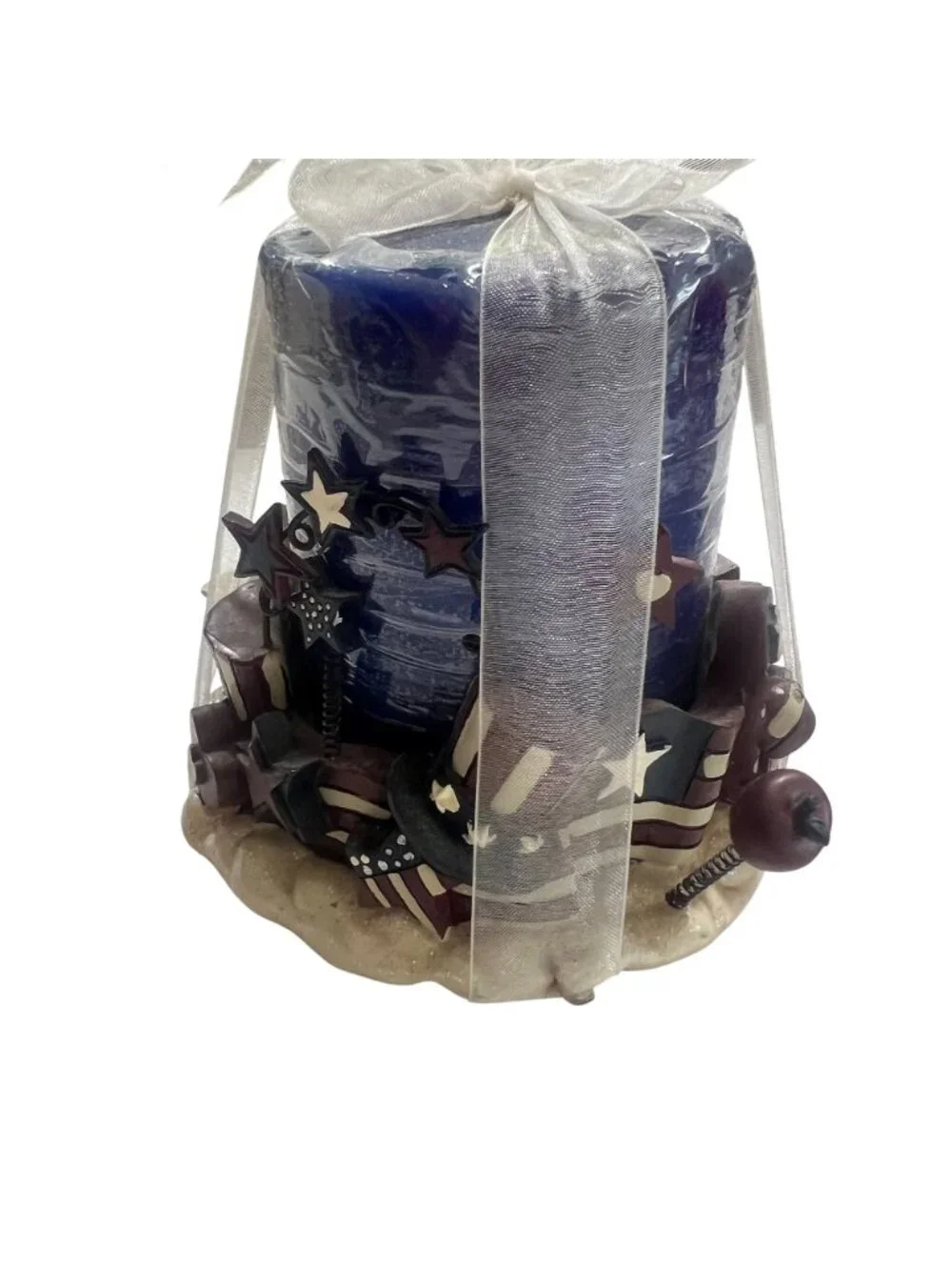 Patriotic Red & Blue Decorative Candles With Star & Flag Accents Wrapped In Shee